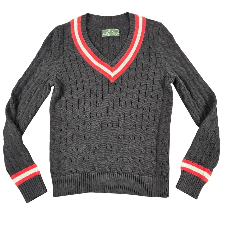 Lauren Ralph Lauren Active Cable Knit V-Neck Sweater Navy Red Varsity Small
